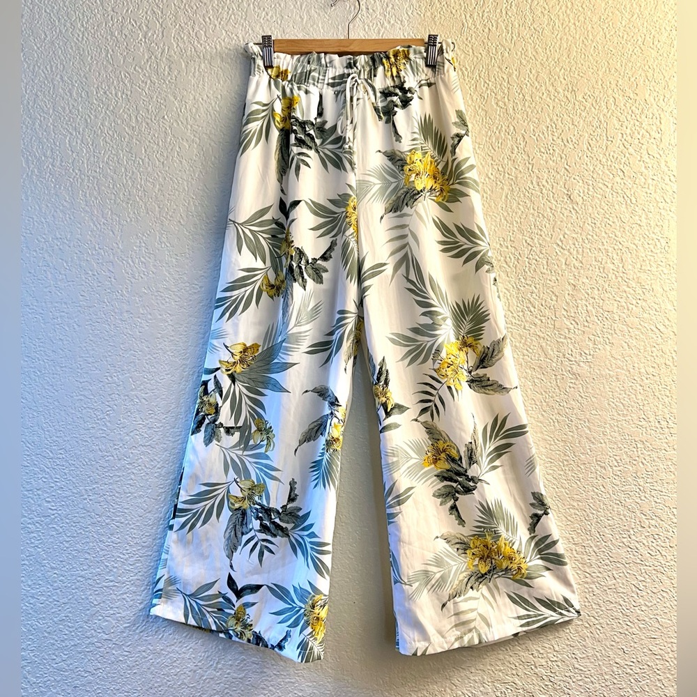 Papaya Floral Tropical Wide leg straight Pants Spring Summer Yellow Green White